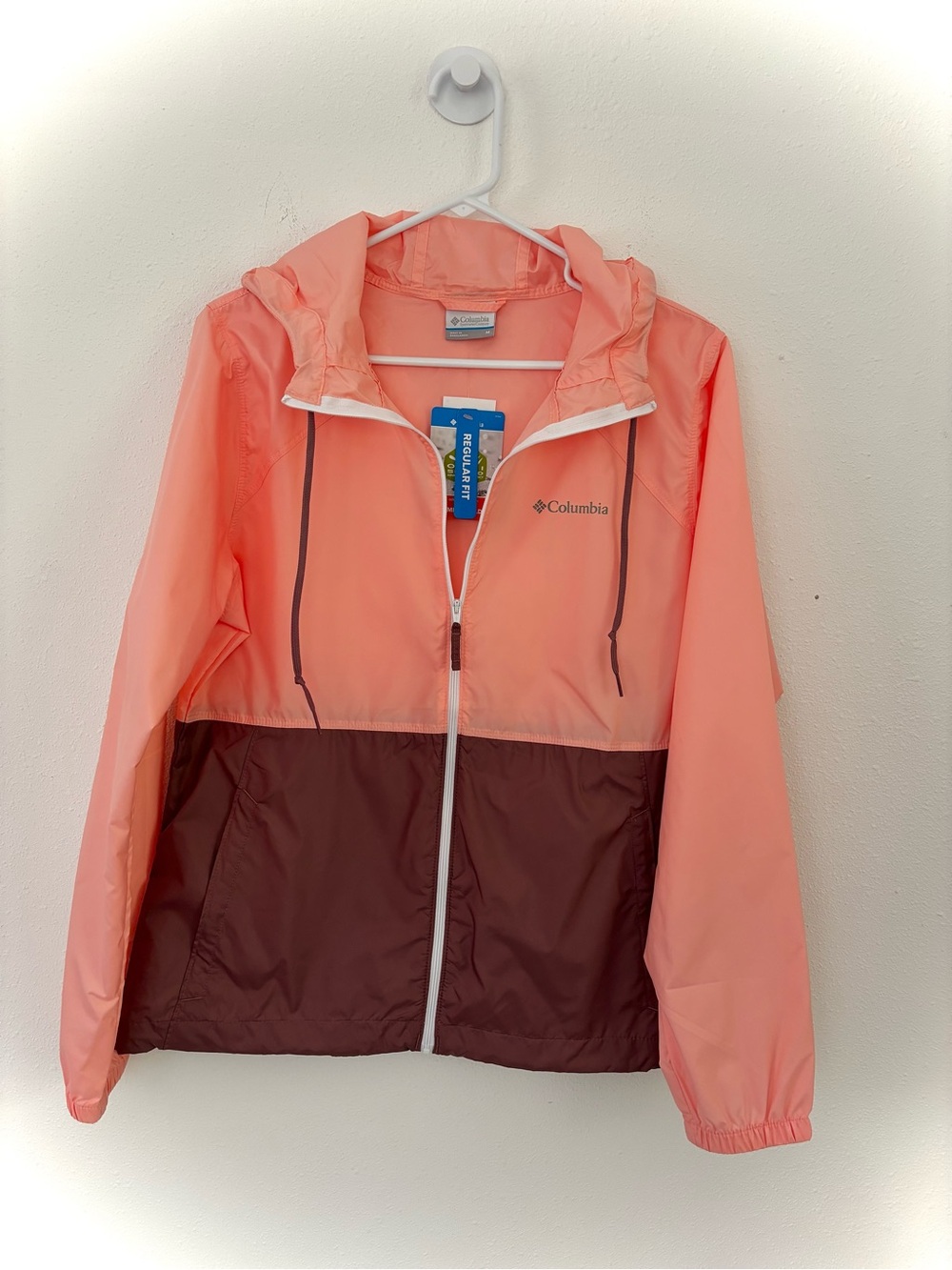 Columbia Two-Tone pale orange and brown color panels Hooded  Windbreaker